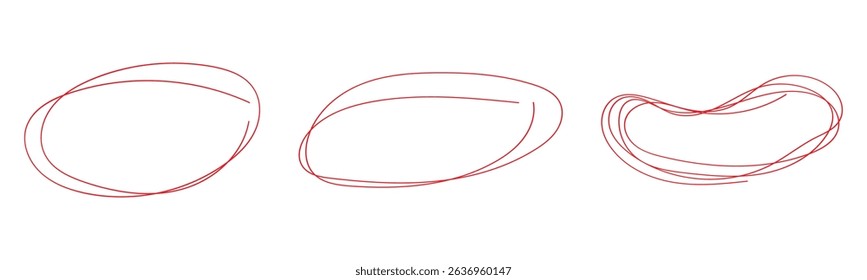 Hand drawn red crayon ovals and circles set. Ellipses in red pencil doodle style. Round freehand shapes, emphasis highlights. Red round rough thin frames. red pen drawn marks