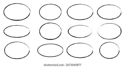 Ovais de giz de cera vermelho desenhadas à mão e círculos ajustados. Elementos de ênfase marcadores desenhados à mão. Formas de contorno arredondado geométrico do estilo de rabiscar. Ilustração com tinta vetorial. Círculos de giz de cera ásperos. EPS 10. 
