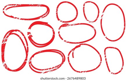 Hand drawn red crayon ovals and circles.  circle markers. Collection of rough red marker circles on white background, useful for highlighting text, design elements, or creative graphic projects.