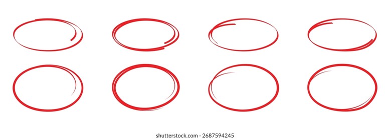 Dibujado a mano óvalos de crayón rojo y círculos conjunto. Elipses en estilo doodle de lápiz rojo. Formas redondas a mano alzada, énfasis resaltado. Marcos delgados redondos rojos y ásperos.