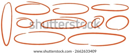 Hand drawn red crayon ovals and circles. Ellipses pencil doodle style set. Red round rough thin frames. Round freehand shapes, emphasis highlights. Vector ink illustration on the white background 

