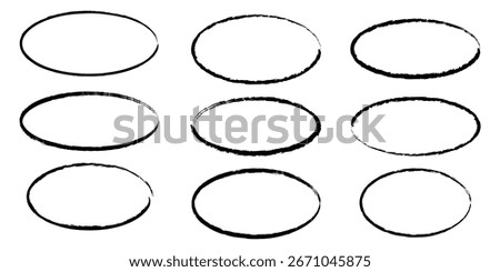 Hand drawn red crayon ovals and circles set. Hand drawn marker emphasis elements. Doodle style geometric round outline shapes. Vector ink illustration. Rough crayon circles. EPS 10. 