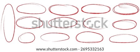 Hand drawn red crayon ovals and circles. Ellipses pencil doodle style set. Red round rough thin frames. Round freehand shapes, emphasis highlights. Vector elements for hand drawn diagrams 
