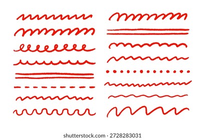 Dibujado a mano trazos de lápiz rojo, subrayados, manchas, tachones, rizos, líneas onduladas establecidas. Lápiz garabatea Elementos. Bocetos de tiza estilo Doodle. Ilustración vectorial