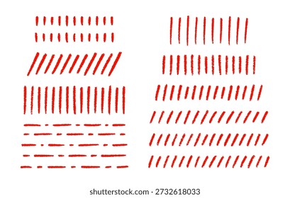 Handgezeichnete rote Buntstifte, Unterstreichungen, Abstriche, Durchschläge, Linien gesetzt. Bleistiftelemente, Kreideskizzen im Doodle-Stil. Vektorgrafik