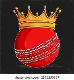 Hand drawn red cricket ball with white, beige stitches and golden crown, cricket ball with crown