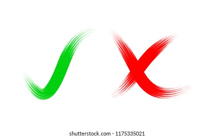Hand drawn red cross and green check mark. Vector illustration. Symbols of Like and Dislike, isolated.