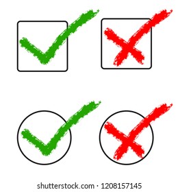 Hand drawn red cross and green check mark. Vector illustration. Symbols of Like and Dislike, isolated.