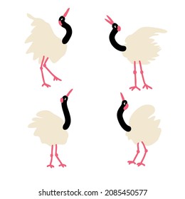 Hand drawn red crowned cranes collection. Perfect for T-shirt, poster, stickers and print. Doodle vector illustration for decor and design.
