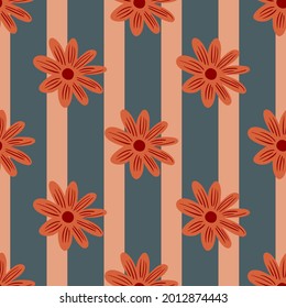 Hand drawn red daisy flowers print seamless doodle pattern. Striped pink and blue background. Graphic design for wrapping paper and fabric textures. Vector Illustration.