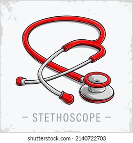 Hand Drawn Red Doctor Or Nurse Stethoscope, Medical Health Care Symbol, Medical Treatment Tools