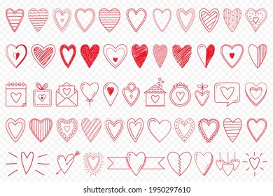 Hand drawn red doodle hearts for Valentine's day design, wedding, birthday, greeting cards, invitations, vector eps10 illustration