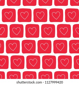 Hand drawn red doodle squares with white hearts. Vector seamless pattern. Perfect for backgrounds, fabric, and paper projects.