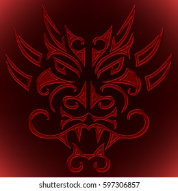 Hand drawn red dragon head stylized Maori face tattoo. Isolated on background. Vector