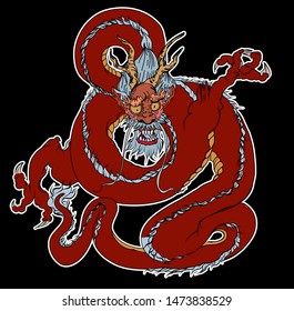 Hand drawn Red Dragon vector printing.Japanese old dragon for tattoo. Traditional Asian tattoo the old dragon vector.Dragon is Symbol of power