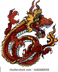 Hand drawn red Dragon vector printing.Japanese old dragon for tattoo. Traditional Asian tattoo the old dragon vector.Dragon is Symbol of power