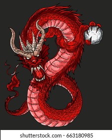 Hand drawn Red Dragon vector painting , Dragon for Japanese tattoo