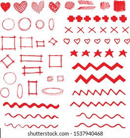 Hand drawn red elements for your design. Doodle underlines, stars, hearts, frames and wavy lines