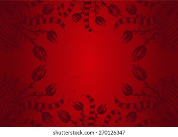 Hand drawn red floral background with place for text. Ornamental pattern for wedding invitations, greeting cards, textile, bag design, etc.