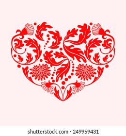 Hand drawn red floral items in a shape of heart on white background. 