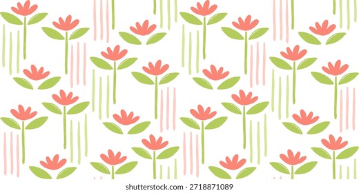 Hand Drawn Red Floral Pattern with Simple Stems