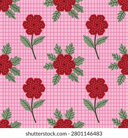 Hand drawn red flower and pink checkered repeating background. Cute red rose and grid pattern seamless fabric print backrop