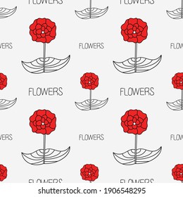 Flor roja dibujada a mano sin fisuras con contorno negro. Patrón de planta para adorno, envoltura y papel pintado. Superficie de fondo editable abstracta decorativa para impresión, cubierta y ornamento, repetición