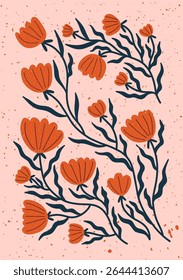 Hand drawn red flowers with dark leaves on peach background.