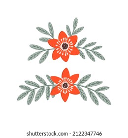 Hand drawn red flowers and leaves. Vector floral elements