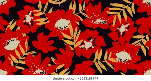 Dibujado a mano Flores rojas sobre fondos negros, patrones sin fisuras con flores para tela, textiles, ropa, papel de regalo, cubierta, Anuncio, decoración interior.