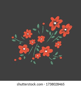 Ilustración vectorial de flores rojas dibujadas a mano. Bordado o diseño de impresión. Diseño de postales florales.