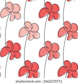 Hand drawn red flowers. Vector seamless pattern. Abstract floral illustration. Outline botanical backdrop. Line continuous wallpaper, cartoon background, fabric, textile, print.