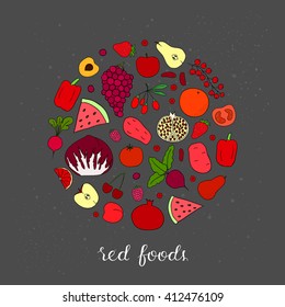 Hand drawn red fruits, berries and vegetables in circle shape on chalkboard background. Apple, tomato, strawberry, beet, cherry, watermelon, potato, grapefruit, goji, raspberry, pear, radish, grape.
