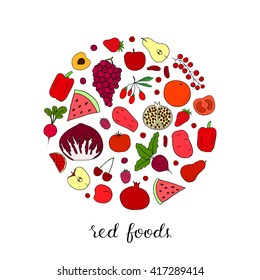 Hand drawn red fruits, berries and vegetables in circle shape. Apple, tomato, strawberry, beet, cherry, watermelon, potato, grapefruit, goji, raspberry, pear, radish, grape.