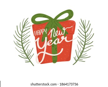 hand drawn red gift box with happy new year text. vector doodle