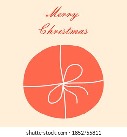 Hand drawn red gift of a round shape, inscription Merry Christmas. Vector flat illustration on isolated background.