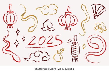 Hand drawn red and golden doodle elements for 2025 Lunar New Year of the Snake - linear Chinese lanterns, fans, plum blossom, asian clouds and reptiles isolated on white background. Design elements