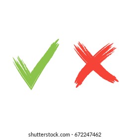 Hand drawn red and green grunge check mark vector illustration.