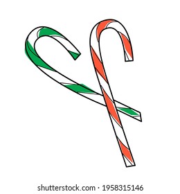 Hand Drawn Red And Green Strips Candy Cane With Black Outline Vector Illustration