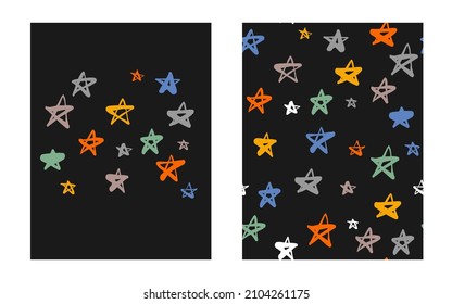 Hand drawn red, green, yellow, gray, blue stars abstract geometric seamless modern colorful patterns doodle set. Cute vector collection for poster, paper, fabric, book, children.