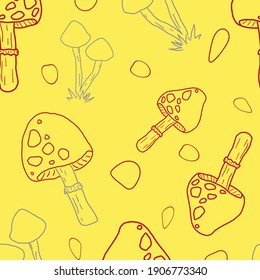 Hand drawn red and grey doodle mushrooms seamless pattern. Abstract toadstools on yellow background print. 