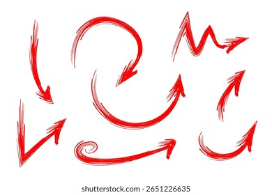 Hand drawn Red Grunge Arrows Set. Brush Stroke Directional Elements Collection. Doodles, swirls, zig zags. Perfect for infographics, user interface elements, presentations, highlight design, or