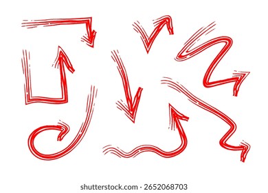 Hand drawn Red Grunge Arrows. Brush Stroke Directional Elements Collection Set. Perfect for infographics, user interface elements, presentations, highlight design, or creative layouts. Isolated on