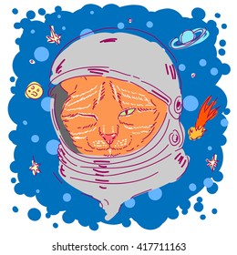 Hand drawn red hair cat astronaut in space
