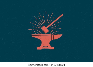 Hand drawn red hammer and anvil in the rays of light. Black metal work. Blacksmithing vintage label. Monochrome style. Vector illustration.