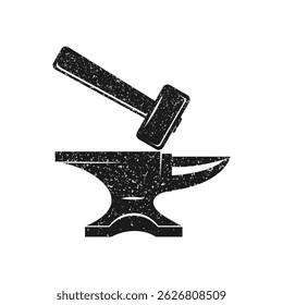 Hand drawn red hammer and anvil in the rays of light. Black metal work. Blacksmithing vintage label. Vector illustration.
