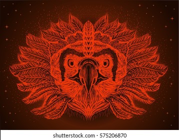 Hand drawn red head of Phoenix. Vector isolated illustration. Traditional Chinese bird. Boho chic. Print for t-shirt.