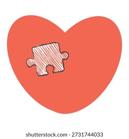 Hand drawn red heart with central jigsaw puzzle piece. Vector sketch illustration in vintage crayon charcoal style. Broken heart, mental health issues, autism spectrum disorder