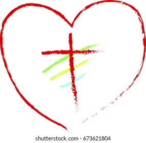  Hand Drawn of  Red heart with Cross on a White Background, Christian background