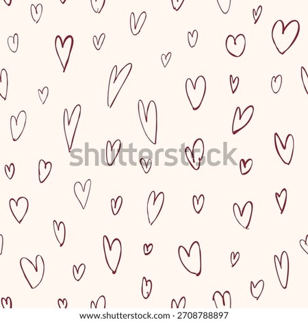 Hand drawn red heart doodle pattern on soft cream background romantic seamless texture for valentines day wedding wrapping paper and textiles